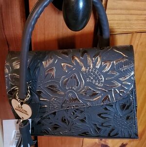 NWT Hand Tooled Leather Handbag. Brown With Gold/Bronze On The Tooling.